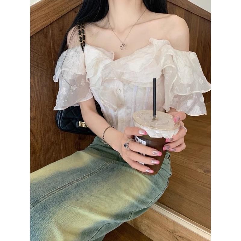 Áo Trễ Vai Bánh Bèo 2 Tầng Hoa Siêu Nữ Tính, Áo Sơ Mi Trễ Vai Ngắn tay ( Có Bigsize)