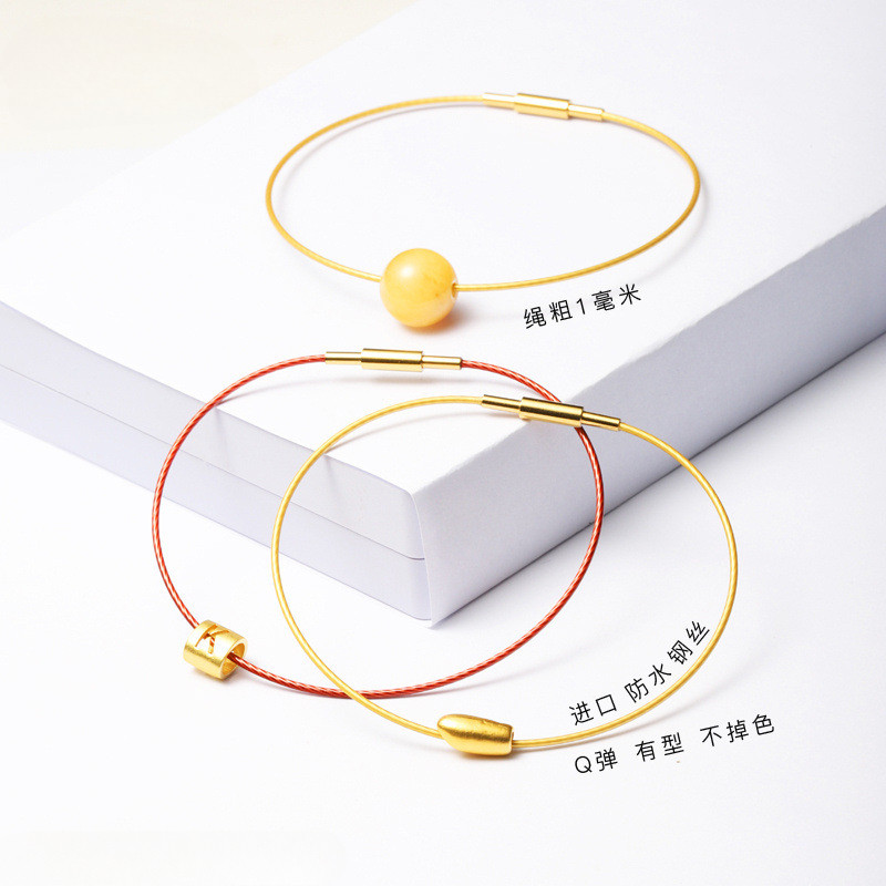 Vòng tay nữ 1mm vàng đỏ, lỗ nhỏ, hạt bện, dây da