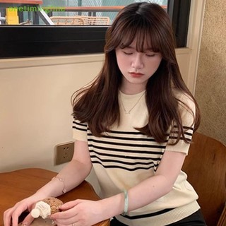 Onetimingfine Hàn Quốc Retro Sọc Cổ Tròn Tay Ngắn Dệt Kim Áo Thun Nữ VN