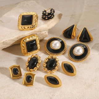 Châu Âu Mỹ ins Phong Cách Mới Thép Không Gỉ Dầu Nhỏ Giọt Đen Onyx Bông Tai Nữ