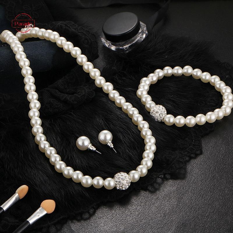 Diễu Hành 3in1 Bộ Nữ Cưới Kim Cương Giả Ngọc Trai Vòng Cổ Vòng Tay Bông Tai Dự Tiệc Trang Sức Quà Tặng VN