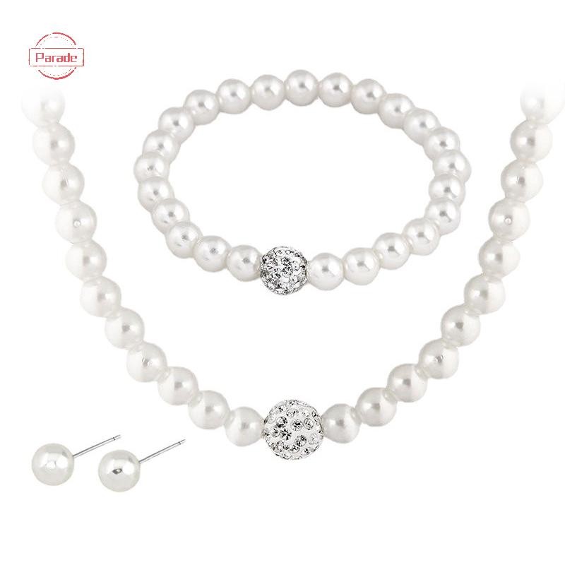 Diễu Hành 3in1 Bộ Nữ Cưới Kim Cương Giả Ngọc Trai Vòng Cổ Vòng Tay Bông Tai Dự Tiệc Trang Sức Quà Tặng VN