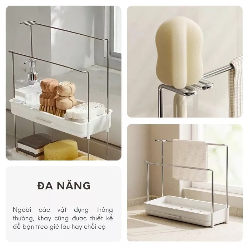 Kệ để miếng rửa chén treo đa năng KooBee có giá treo khăn tay và khay hứng nước đa năng có thể dán tường | 199