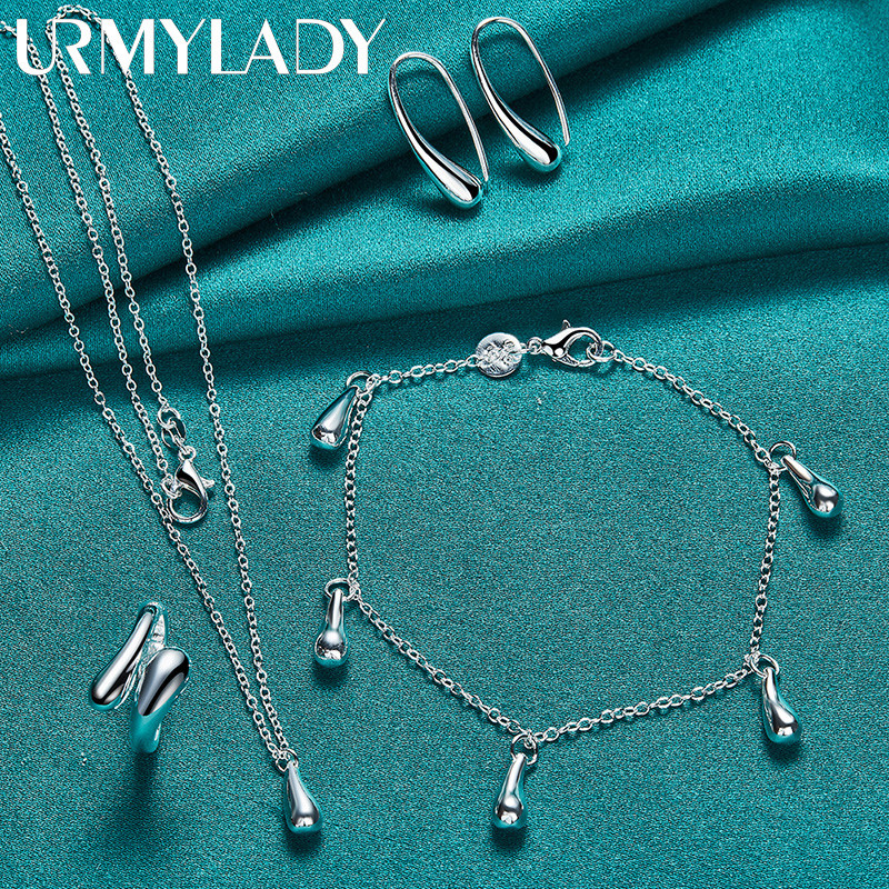 URMYLADY Bạc 925 Nước Thả Vòng Bông Tai Vòng Tay Mặt Dây Chuyền Vòng Cổ Bộ Trang Sức