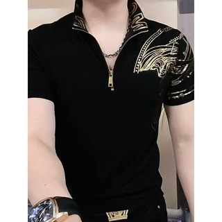 ✨✨1.3000 Người Khen ngợi Hợp Thời Trang Cổ Mạ Vàng Nam Ngắn Tay Co Giãn Áo Nam Mặc Ngoài Xã Hội 25.4.8
