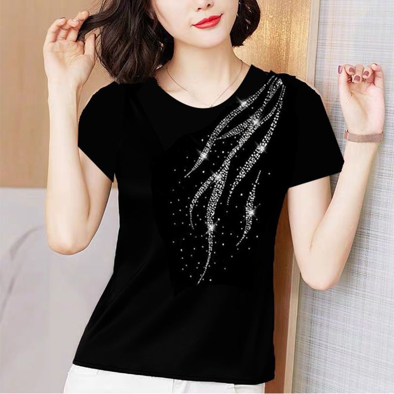 Mùa hè 2025 Mới Thời trang, giản dị, dáng rộng, thoải mái, Áo thun ngắn tay đính kim cương dành cho nữ