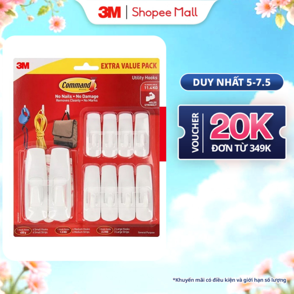 Ảnh Combo 10 Móc dán tường 3M™ Command™, 17008EXVP, độ bền cao, bám cực chắc, chịu lực 2.2kg, Dùng sắp xếp nhà cửa 1