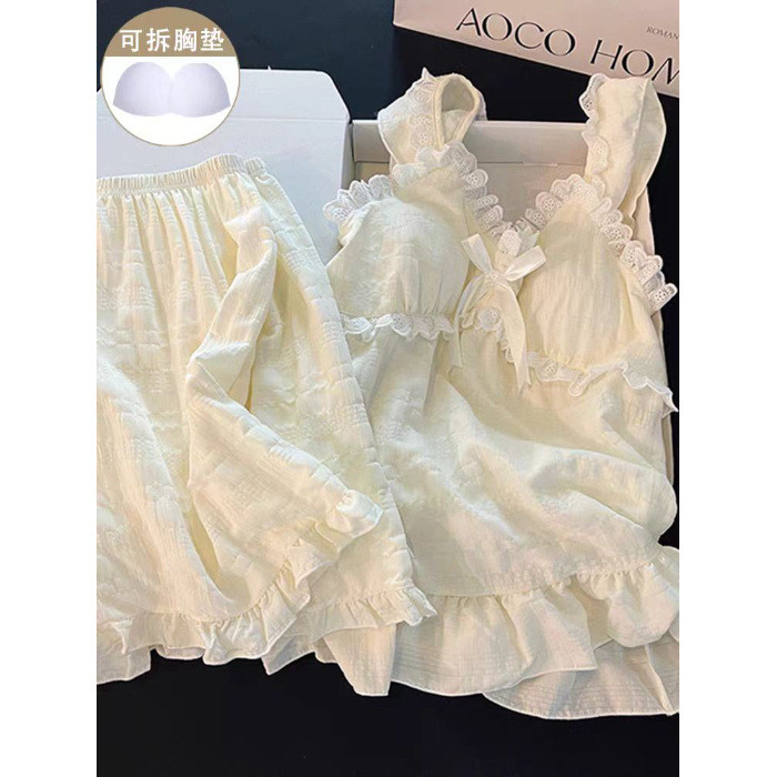 Plus size 300kg bộ đồ ngủ thiết kế phong cách mục vụ mới Bộ đồ ngủ nữ quần áo ở nhà có miếng đệm ngực