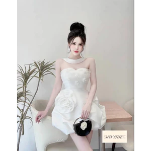 Đầm tafta chân bồng trễ cúp ngực dây cổ phối lưới ngực đính hoa đi tiệc đen trắng hồng SML VN064M- BYJOLIE