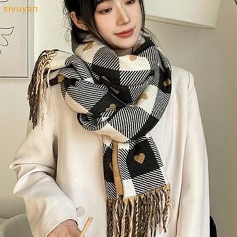 Siyuyan Mới Thu Đông Khăn Cho Nữ Dệt Kim Hình Trái Tim Kẻ Sọc Cô Gái Dễ Thương Khăn Mùa Đông Thời Trang Đại Học Khăn Choàng Cổ VN