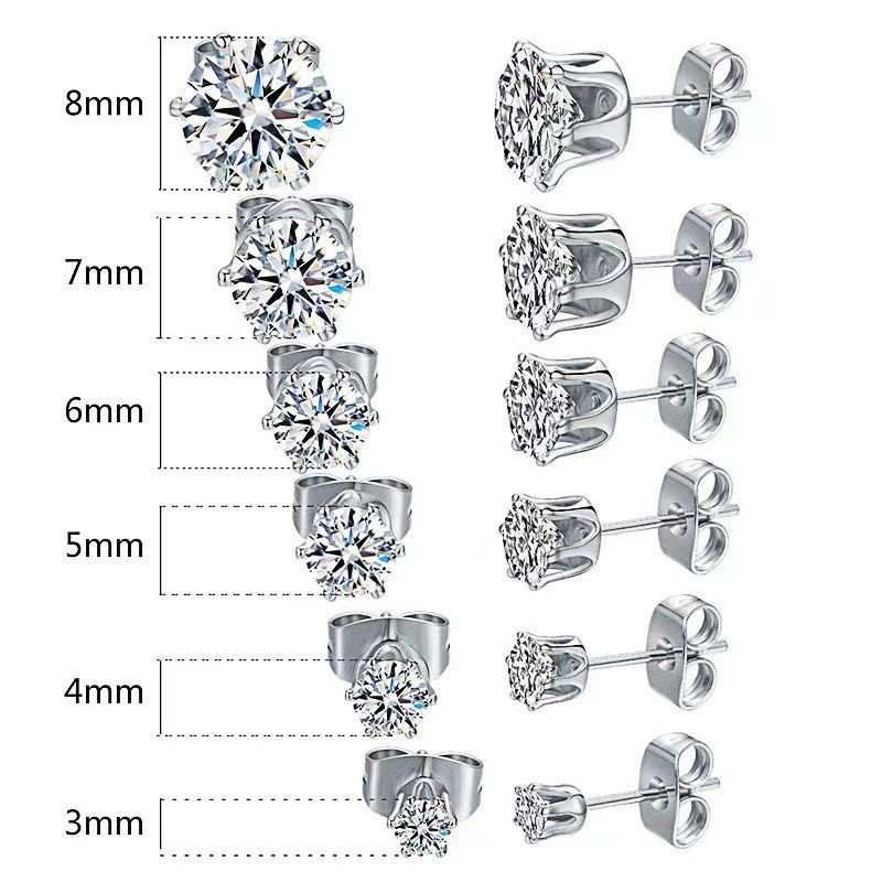 Đơn Giản Thép Titan Sáu Móng Vuốt Zircon Bông Tai Nam Nữ Không Phai Màu Tai Xuyên