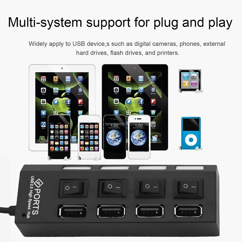 [Sẵn sàng] Bộ chuyển đổi bộ chia USB 2.0 4 cổng Hub 480 Mbps có công tắc bật / tắt cho máy tính xách tay PC