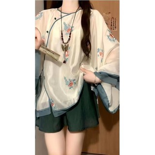 Mới Trung Quốc Cổ Điển Phong Cách Trung Quốc Nữ Tính Dài Tay Top Nữ Hai Mảnh Bộ Mùa Hè Cao Cấp Playful Viền Lớn Váy 24.12.26
