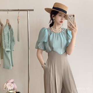 2025 Mùa hè Pháp sang trọng áo blouse cổ tròn tay ngắn thiết kế thời trang đa năng cho phụ nữ