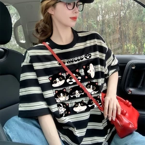 Mỹ Retro Sọc Sinh Viên Áo Thun Nữ Tay Ngắn Thiết Kế Mùa Hè Niche Top