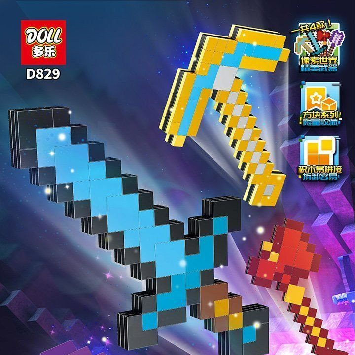 Bộ đồ chơi khối xây dựng Minecraft, kiếm kim cương, lắp ráp giáo dục, pixel, cuốc, xẻng, kiếm kim cương sáng tạo, quà tặng cho trẻ em trong Ngày Trẻ em