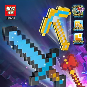 Bộ đồ chơi khối xây dựng Minecraft, kiếm kim cương, lắp ráp giáo dục, pixel, cuốc, xẻng, kiếm kim cương sáng tạo, quà tặng cho trẻ em trong Ngày Trẻ em