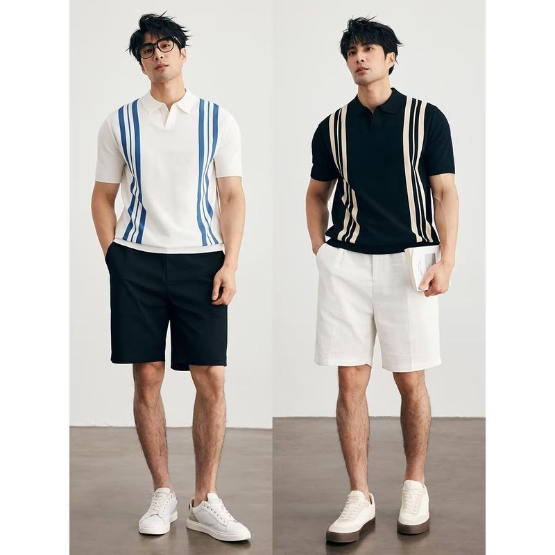 ThaliaWisp Sọc Colorblock Mùa Hè Băng Lụa Đan Áo Sơ Mi Polo Tay Ngắn Cho Nam