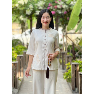 Lụa Hàn cổ trụ phối, set thời trang nữ đi chùa cao cấp