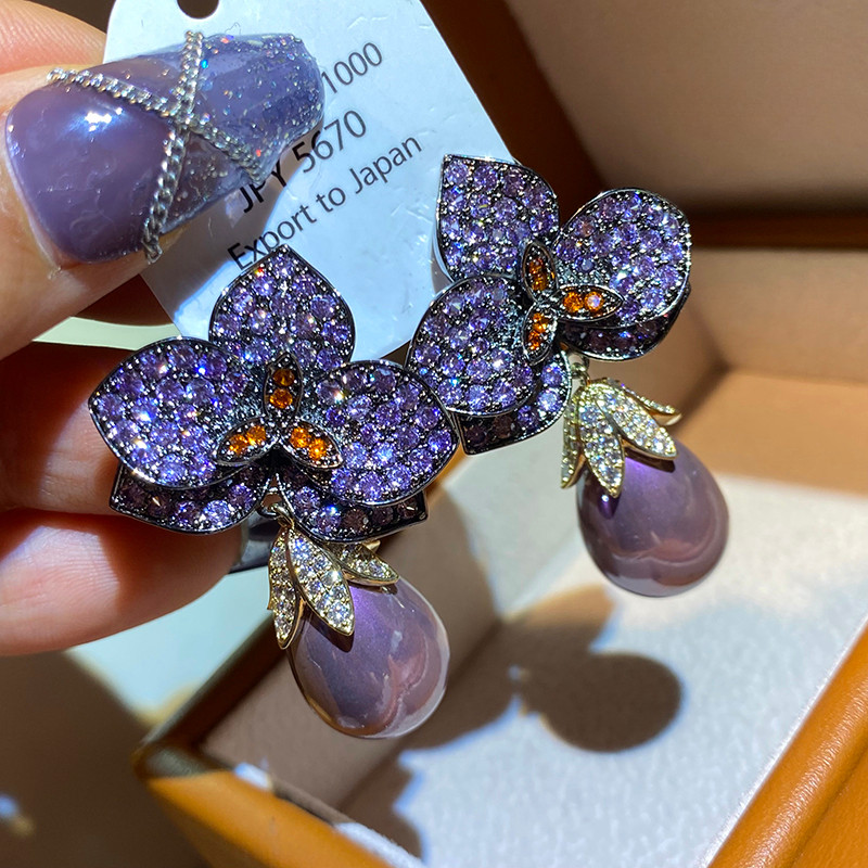 Bông tai ngọc trai Zircon hoa đen thanh lịch sang trọng thời trang