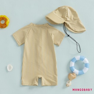 MG-Toddler Bé Trai Sọc Đồ Bơi Tay Ngắn Nửa Dây Kéo Chống Đập Rash Guard Đồ Bơi Sunhat Set