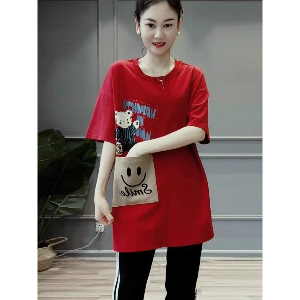 150kg Mùa Hè Phong Cách Mới Áo Thun Rời Thường Ngày Gấu Giữa Chiều Dài Túi Ngắn Tay Top
