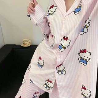 Hellokitty Bộ Đồ Ngủ Mèo Nữ Xuân Thu Hàng Mới Về Sọc Dài Tay Phong Cách Nhật Bản Hoạt Hình Sinh Viên Nhà Quần Áo Phù Hợp Với Mặc Ngoài