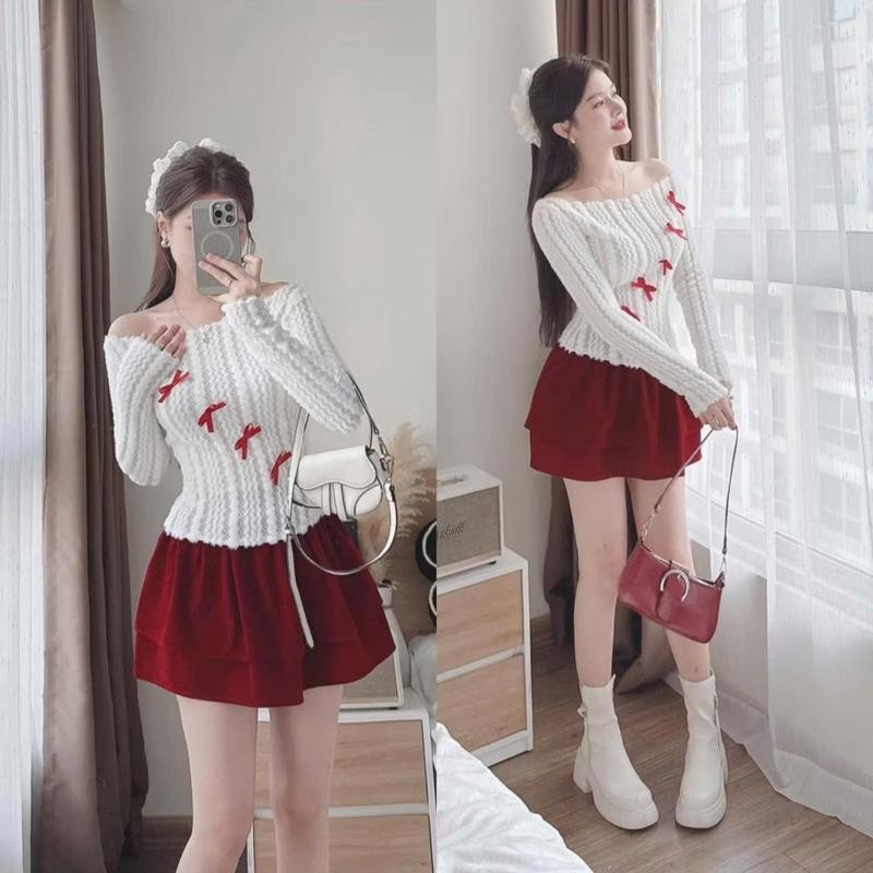 Set Áo Len Dệt Đính Nơ Chéo Mix Chân Váy Nhung
