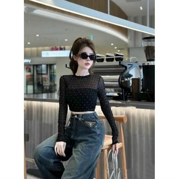 Áo lưới  nhũ kim tuyến dài tay  siêu cá tính và trẻ trung dành cho nàng Top Nữ Women Đen Sơ Mi