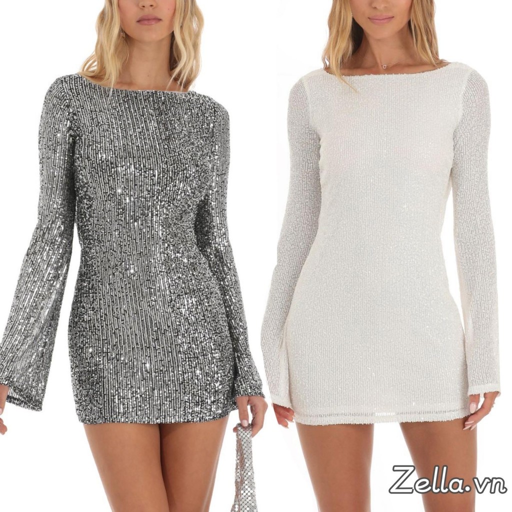 Phụ Nữ Mini Bodycon Đầm Kim Sa Lấp Lánh Dài Tay Thắt Lưng Mùa Xuân Thu Đầm Dự Tiệc