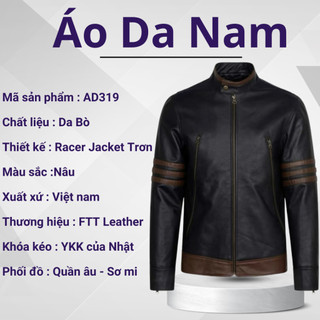 Áo khoác da nam FTT Leather Racer Jacket da bò khóa chéo tay phối gân nâu - Mã AD319B