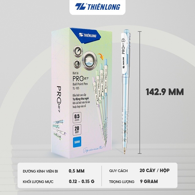 [ COMBO 5 CÂY ] Bút bi Thiên Long 027 Pro ngòi 0.5mm mực xanh thân bút màu pastel thời trang tự động thu ngòi TL-105