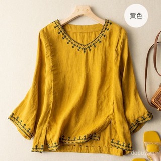 2025 Áo blouse thêu cotton lanh tay ba phần tư cổ V phong cách dân tộc nghệ thuật retro cho phụ nữ mùa hè