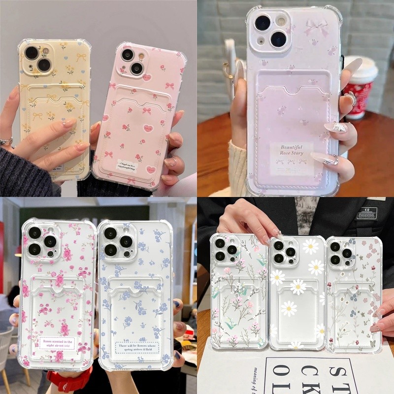 Nơ Hoa Dễ Thương Nhỏ Hồng Tím Hoa Ví Đựng Thẻ Dành Cho Samsung Galaxy S25 Plus S23 S24 S25 Ultra Ốp Lưng Hoa TPU Hoạt Hình Silicon Mềm Chống Sốc
