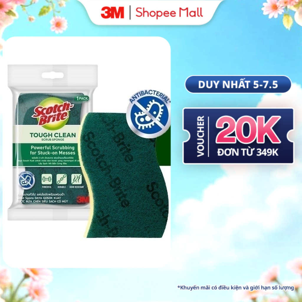 Ảnh Cước rửa chén 3M™ Scotch-Brite®, kháng khuẩn, 2 mặt chống trầy, gói 3 miếng, xanh/ hồng, Làm sạch các vết bẩn cứng đầu 1