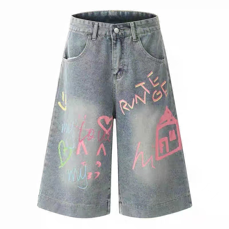 ThaliaWisp Quần Denim ống rộng thời trang với thiết kế Graffiti đầy màu sắc