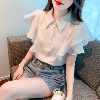 ✨2617 Khen ngợi Xù Bay Tay Áo Sơ Mi Ve Áo Mùa Hè 2024 Thiết Kế Niche Độc Đáo Tay Ngắn Top 25.5.9