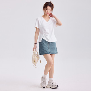 [MIZIQI] Áo thun ngắn tay cổ chữ V viền không đều mùa hè dành cho nữ, thiết kế xẻ bên hông dành cho nữ