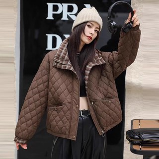 Áo khoác Cotton ngắn có đệm mùa đông phong cách mới hình thoi hai bông dáng rộng mỏng hơn nhìn đứng cổ áo phong cách phương Tây xuống Pad