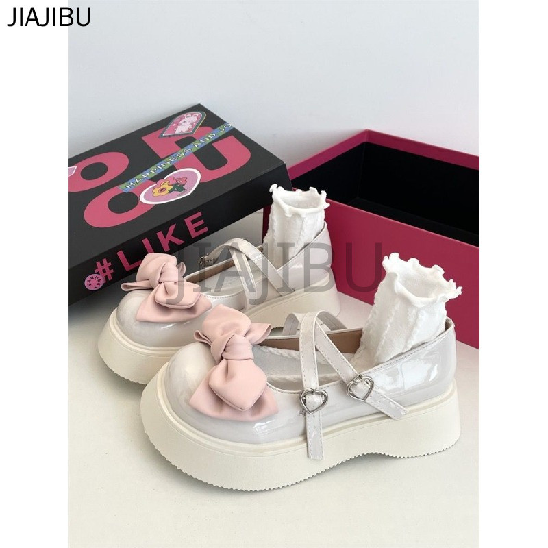 Size 34-45 Đồng Phục JK Nhật Bản Nơ Ngọt Ngào Giày Lolita 44 Giày Nữ Cỡ Lớn 43 Korean Fashion Beige Platform Mary Jane Shoes 42 Giày Da Mềm Đế Mềm Khóa Hình Trái Tim Phong Cách Anh Quốc Giày Đi Học Khóa Đôi Màu Đen Princess Style Cosplay Doll Shoes