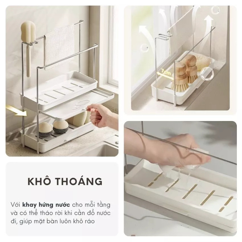 Kệ để miếng rửa chén treo đa năng KooBee có giá treo khăn tay và khay hứng nước đa năng có thể dán tường | 199