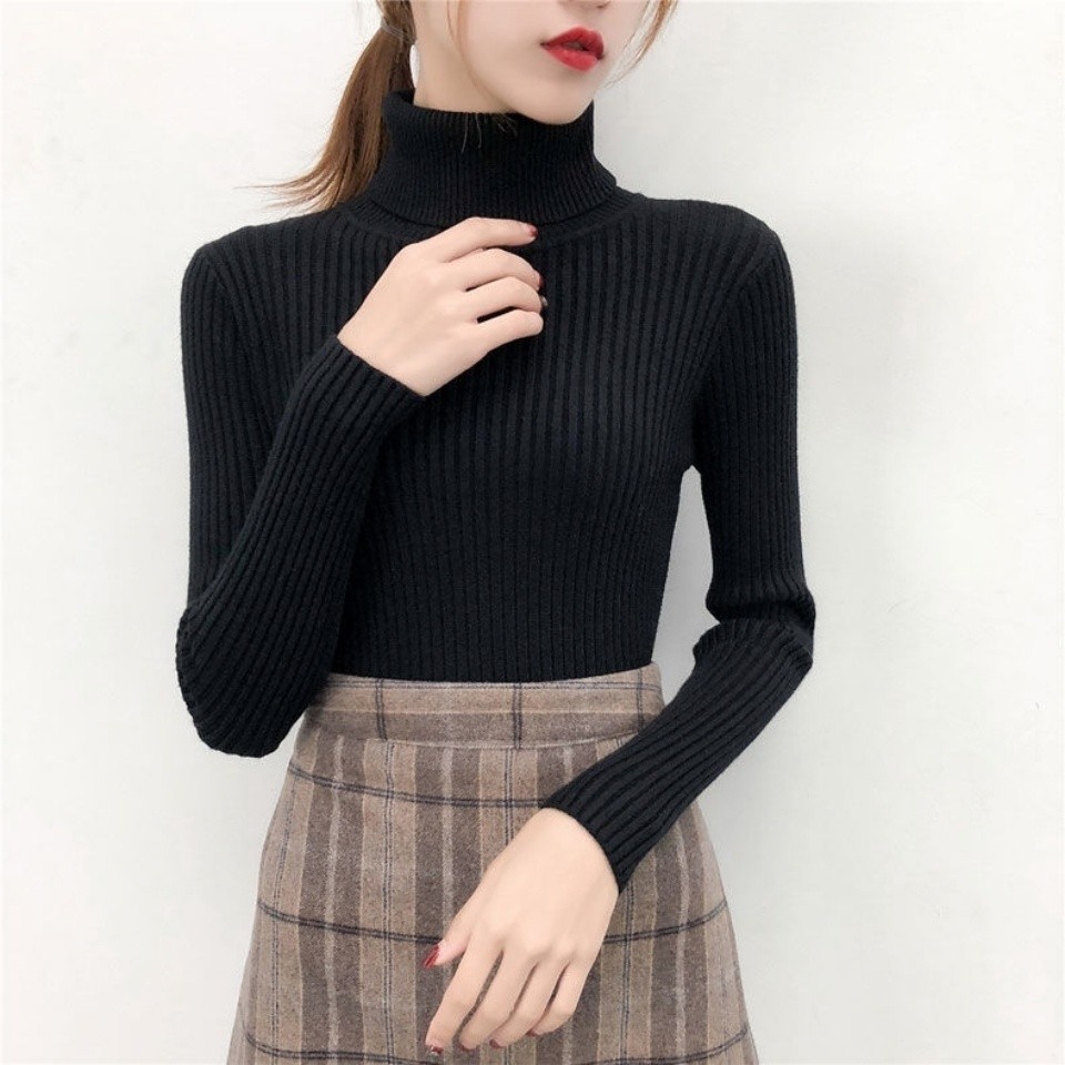 Áo len cổ cao Áo dệt kim dễ phối chui đầu màu trơn tôn dáng mẫu mới mùa thu đông cho nữ áo mặc trong kiểu Tây thời trang