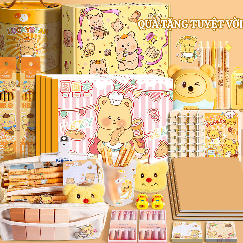 Bộ Quà Dụng Cụ Học Tập Gấu Bơ, Hộp Văn Phòng Phẩm Bút Thước Dễ Thương Cho Học Sinh