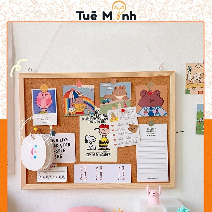 Bảng ghim gỗ bần K18 decor kèm ghim, sticker, dây gai bảng treo tranh ...