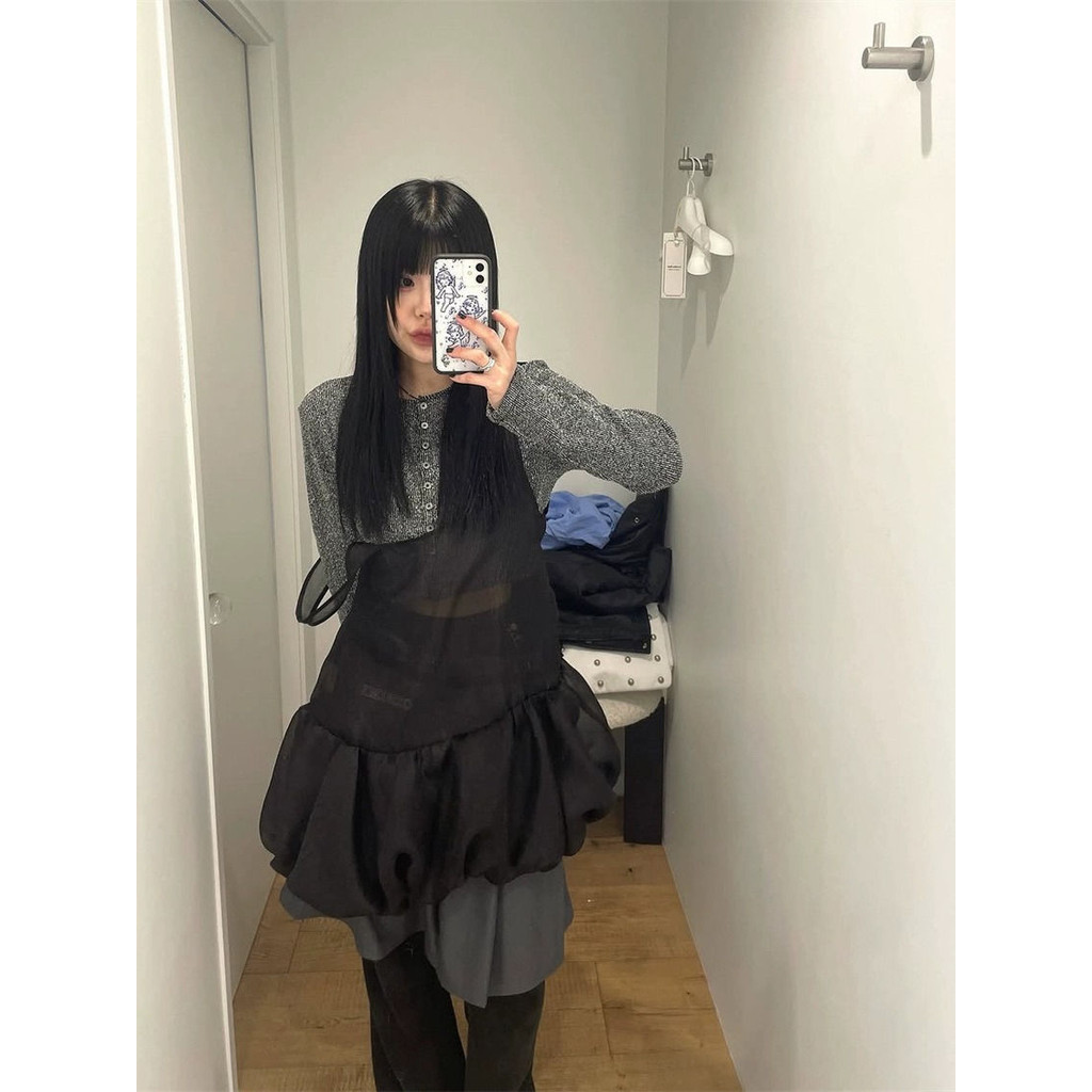 Milyfashion See-Through Top Đen Cổ Chữ u Lưới Bud Lớp Sling