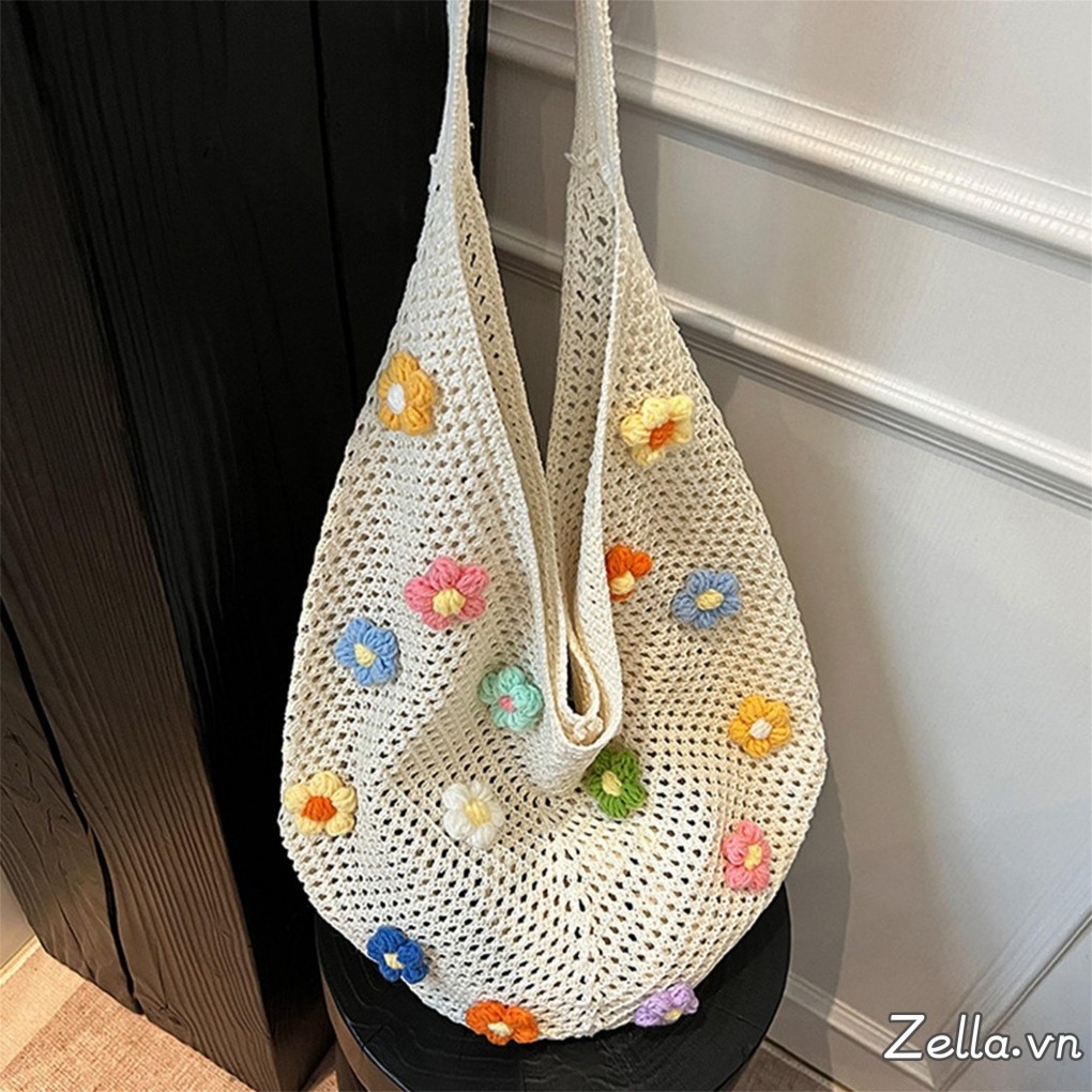 Túi Tote Dệt Tay Nữ 3D Hoa Rỗng Ra Dung Tích Lớn Xô Túi Đeo Vai Cho Kỳ Nghỉ