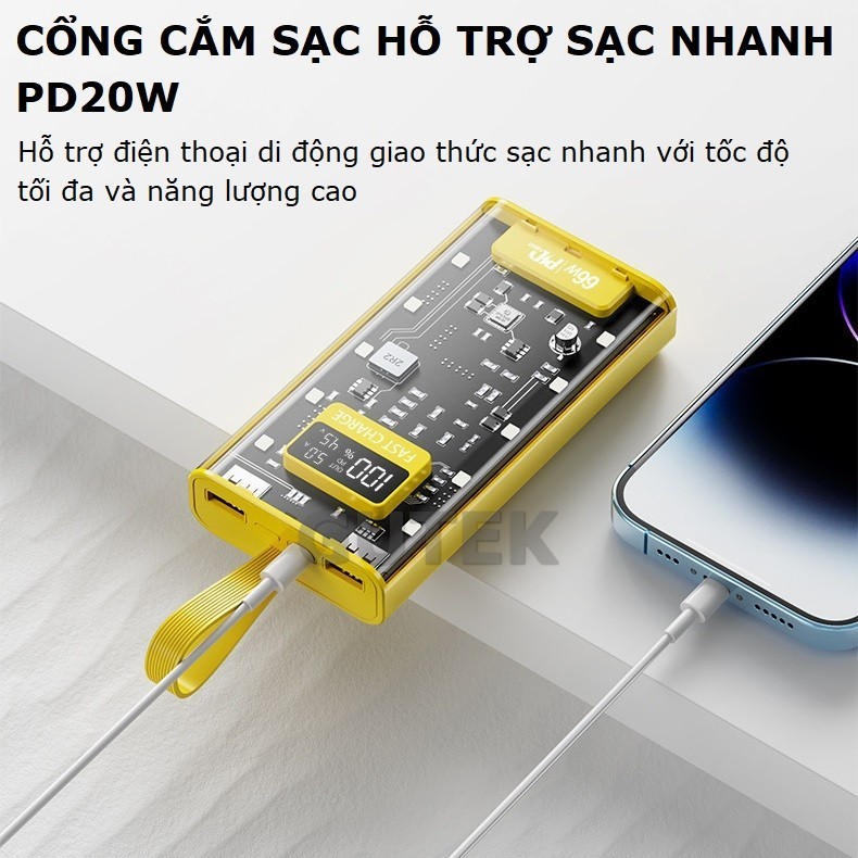 Sạc dự phòng 30000mah sạc nhanh 66w pin dung lượng lớn đi kèm dây cắm nhiều điện thoại - Gutek DX745