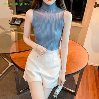 Onetimingfine Mùa Hè Hàn Quốc Nửa Cổ Rùa Rỗng Dệt Kim Áo Vest Nữ Màu Trơn Không Tay Slim Top VN