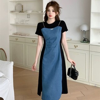 S-3XL Plus Size Đầm Nữ Phong Cách Hàn Quốc Váy Dài Tay Ngắn Phong Cách Retro Hoàng Gia Chị Gái Váy Nẹp Cắt Tỉa Đầm Một Mảnh Denim Đầm Con Gái Sang Trọng Plus Size Đầm Mùa Hè Bụng-Covering a-