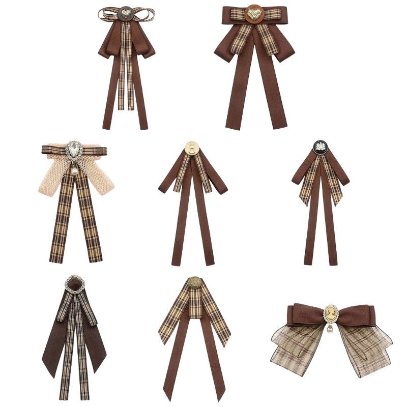 Dasbsug Nữ Cô Gái Màu Nâu Plaids Nơ Thắt Nơ Thổ Cẩm Pin Pre Buộc Cà Vạt Kẹp